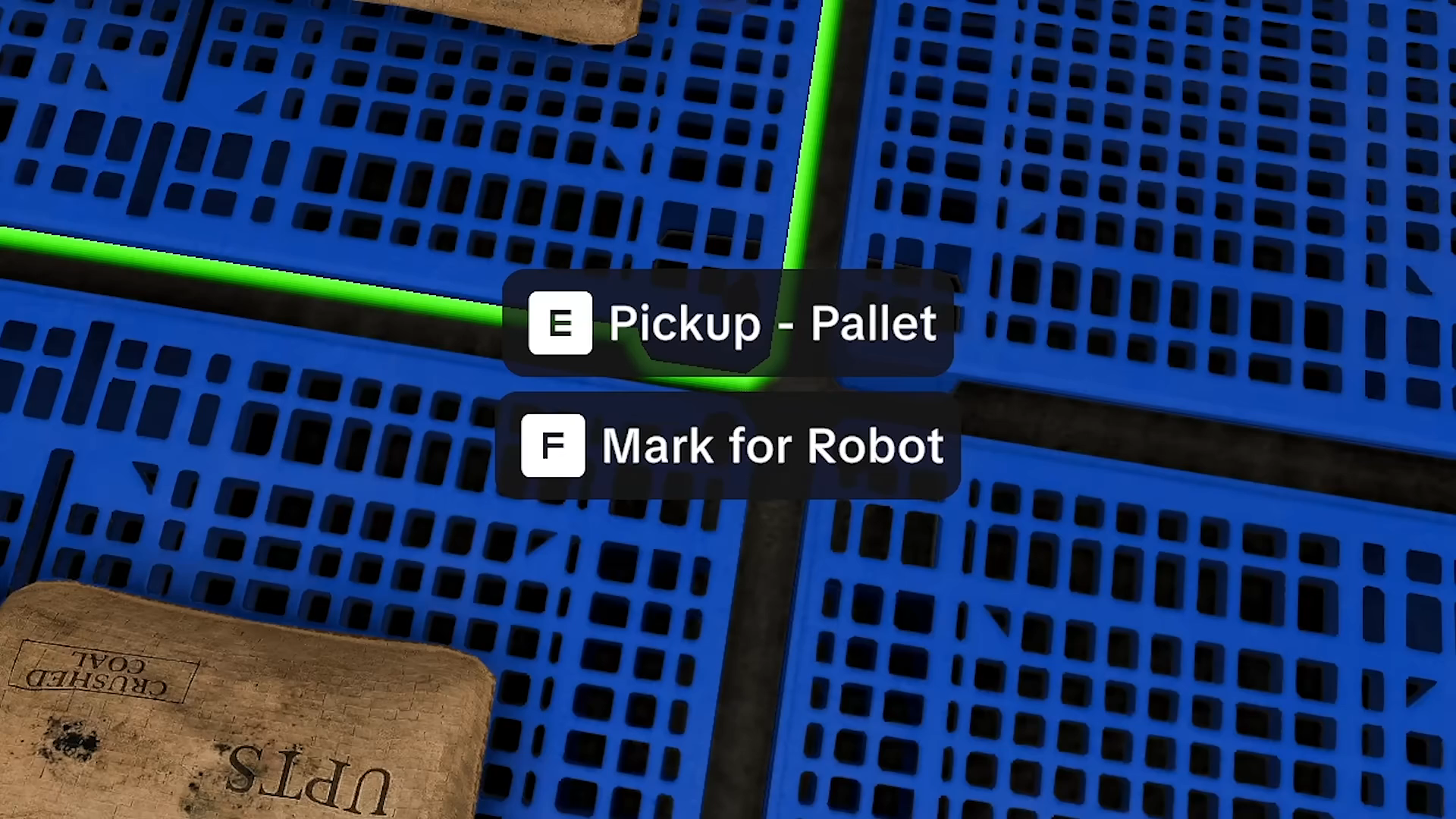 A pallet interaction prompt showing Mark for Robot