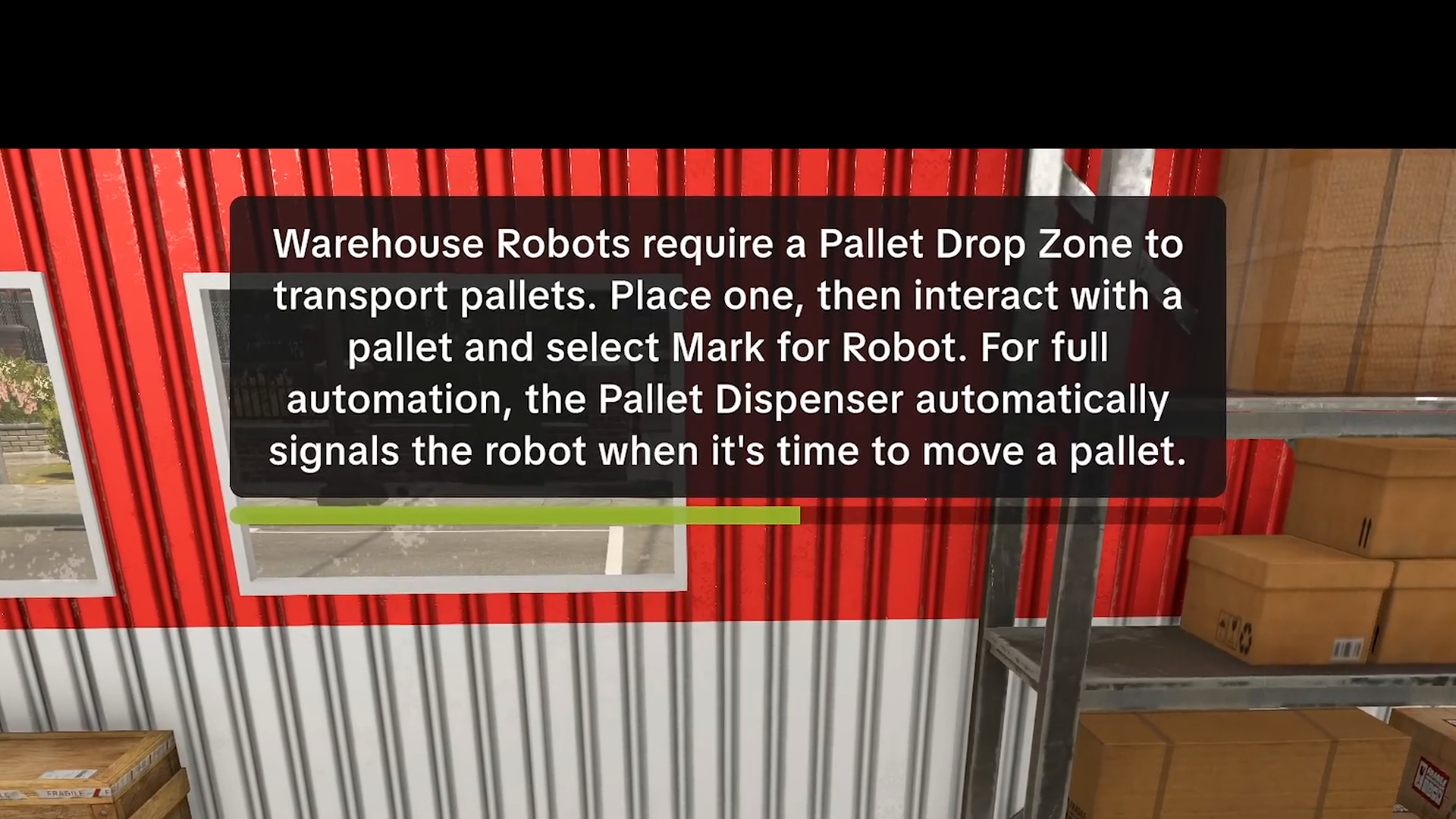The in-game Warehouse Robot tutorial says a Pallet Drop Zone is required and explains Mark for Robot