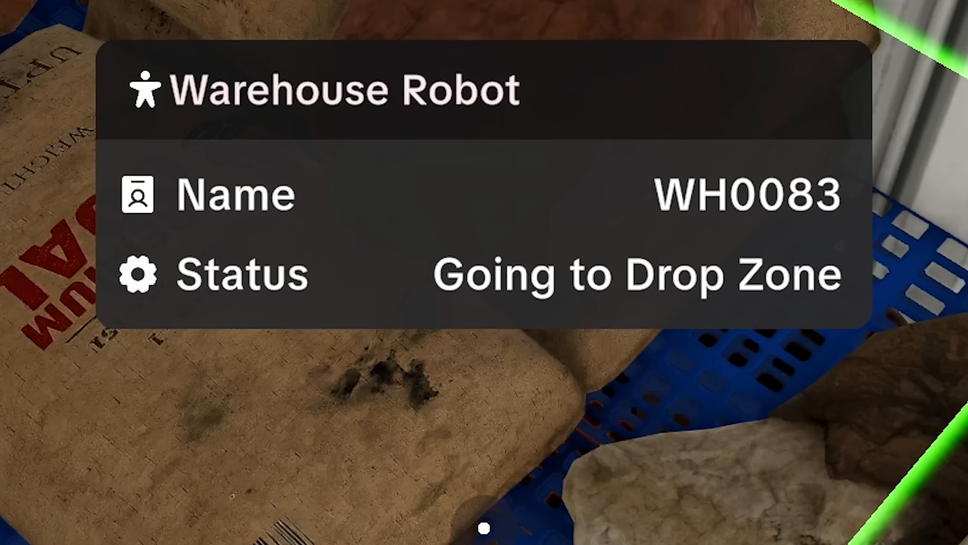 The Warehouse Robot panel showing Going to Drop Zone