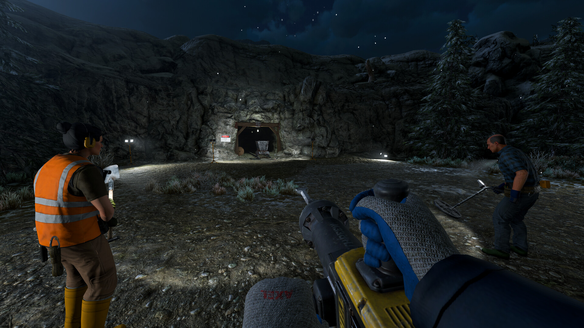 A squad gathered at a mine entrance at night in Ore Factory Squad