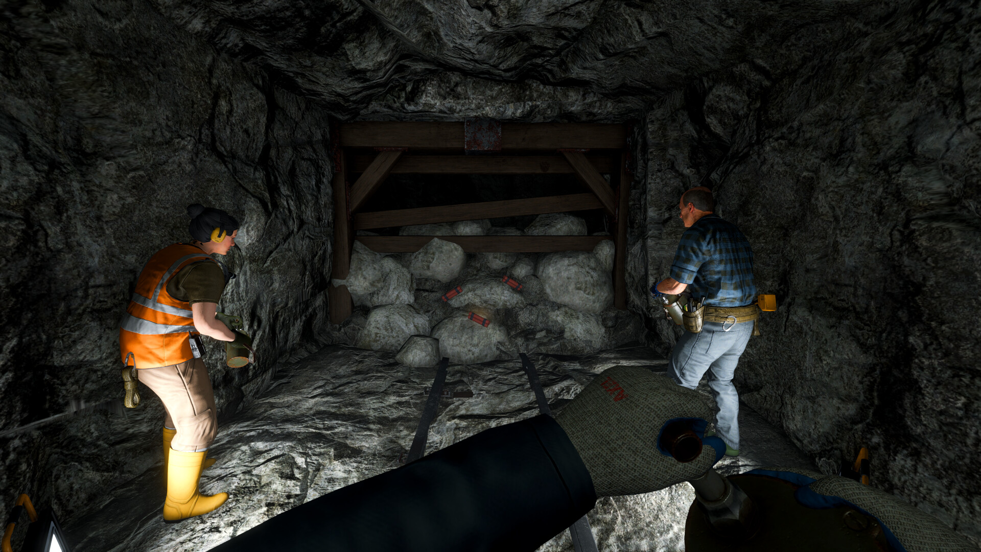 A dynamite blast in an underground mining tunnel in Ore Factory Squad