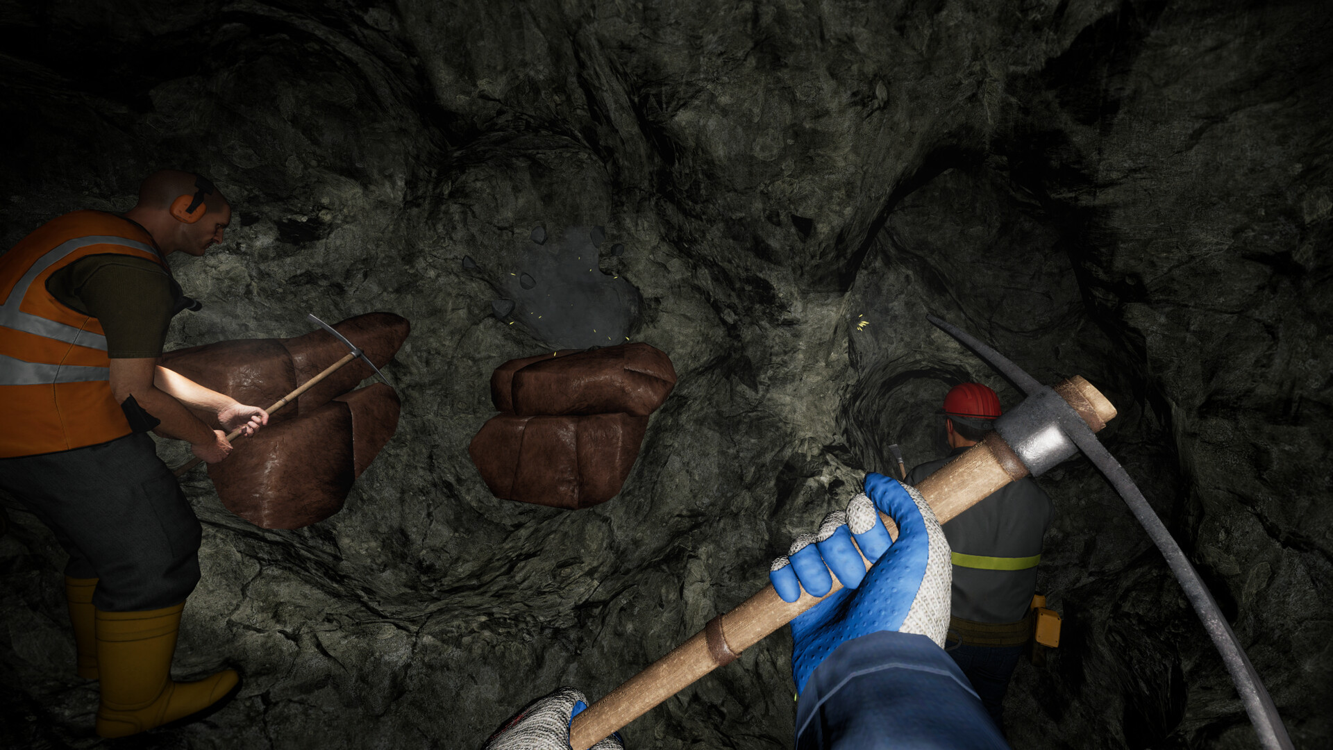 A miner using a pickaxe in an underground Ore Factory Squad tunnel