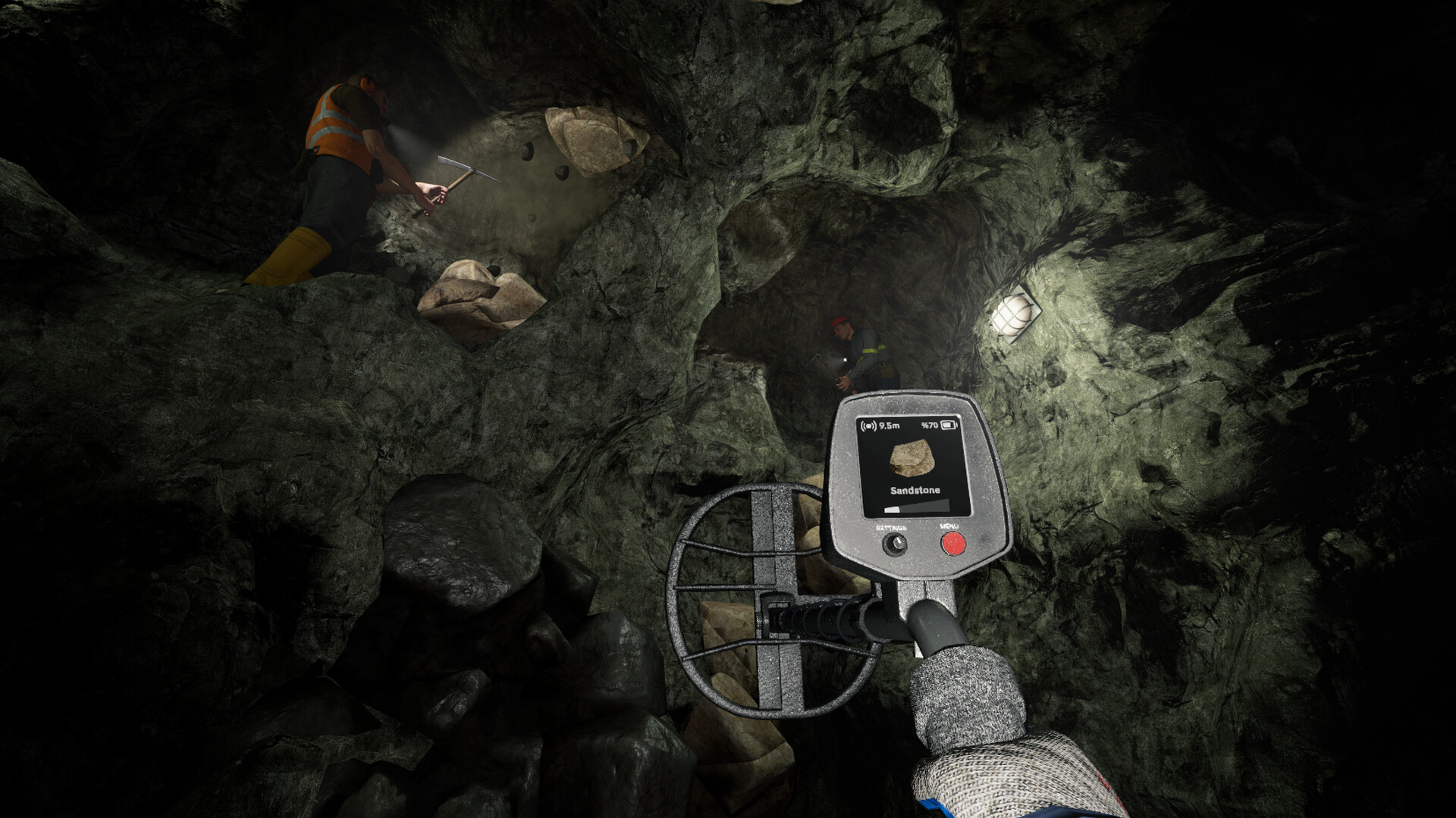 Scanning with an ore detector inside a cave in Ore Factory Squad
