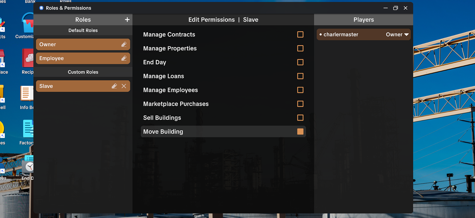 Official v1.0.5 Roles and Permissions interface for Ore Factory Squad co-op
