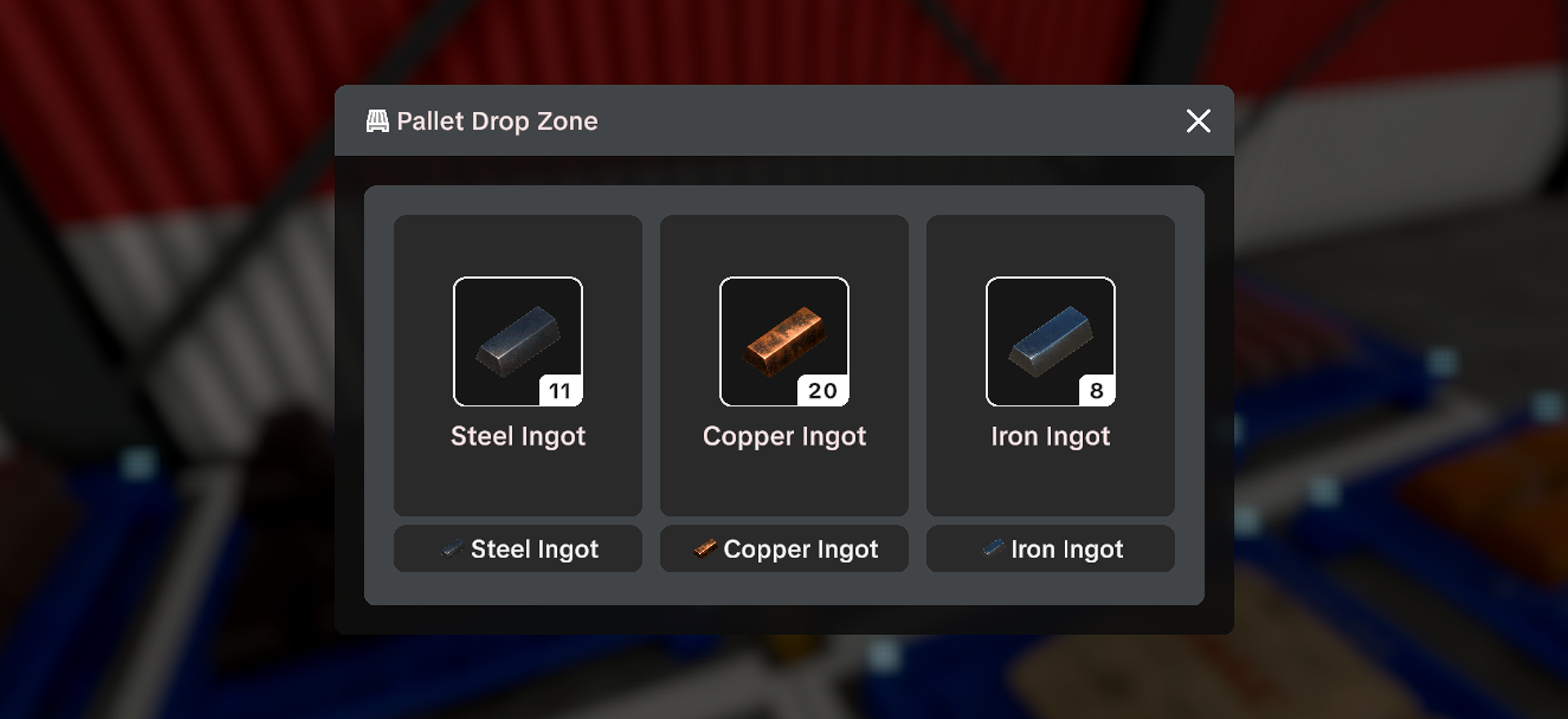Official v1.0.5 Pallet Drop Zone interface with filtered material slots