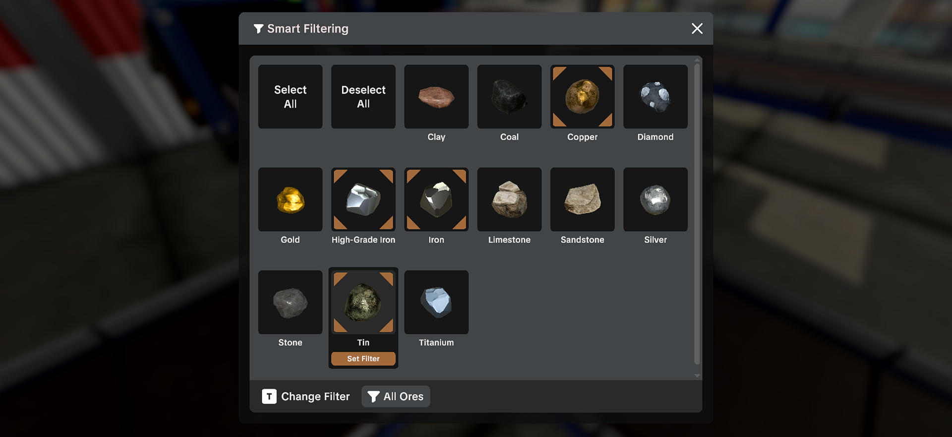 Official Ore Factory Squad v1.0.6 Smart Filter interface with multiple material toggles