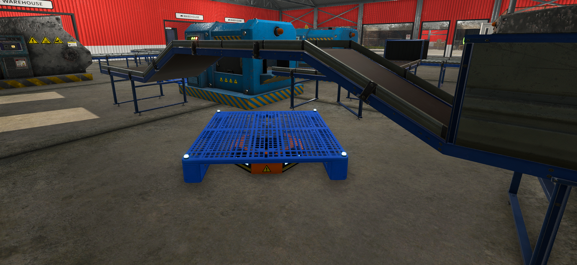 Official v1.0.6 scene with a Warehouse Robot, pallet, and elevated belts
