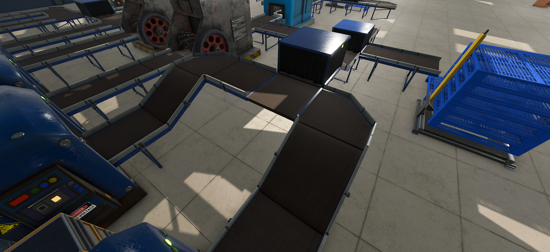 Official v1.0.9 elevated conveyor scene showing turns and raised routing