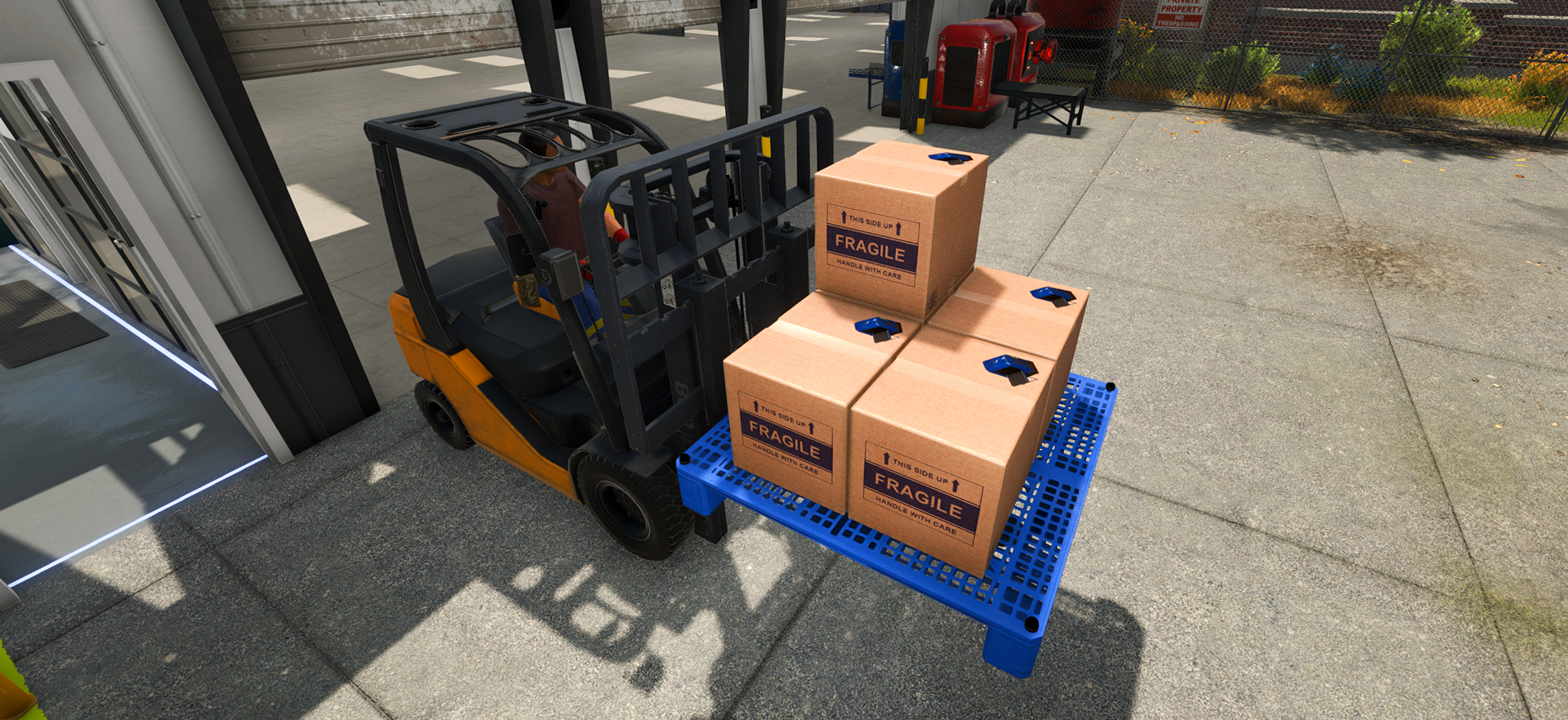 Official building boxes stacked on a pallet beside a forklift