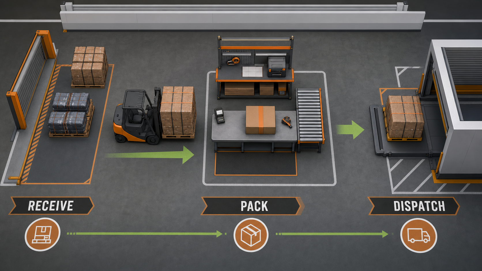 Original top-down field-guide illustration of a pallet moving through receive, pack, and dispatch stages