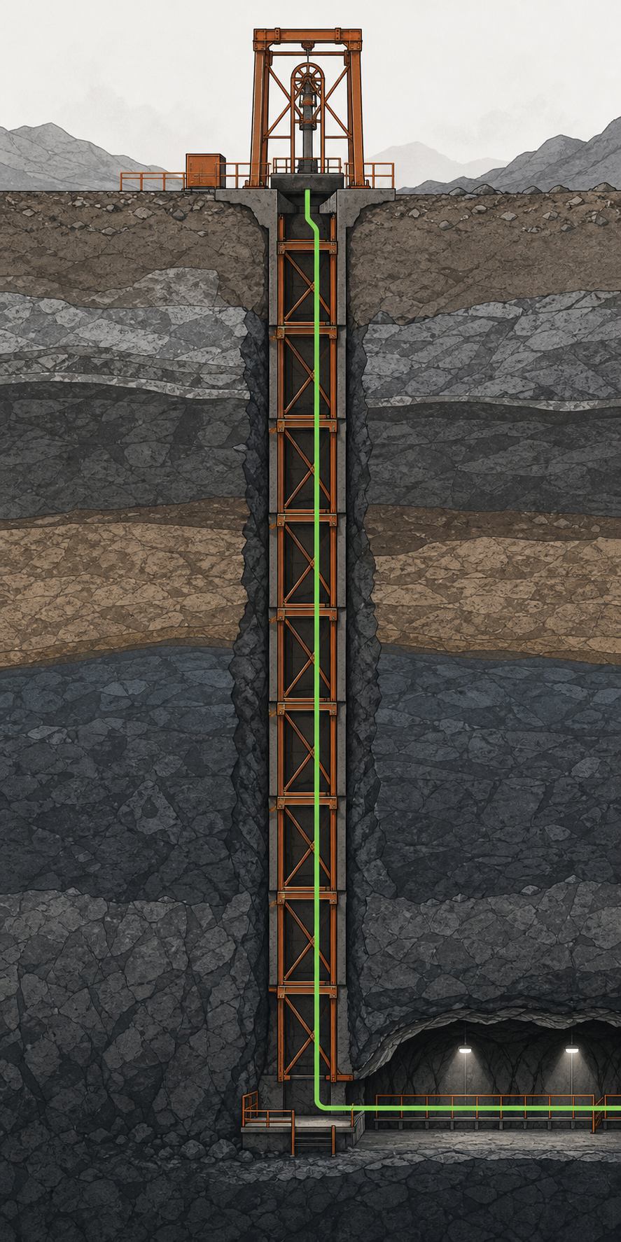 Original vertical cutaway showing aligned lift extension modules from the surface to a deep tunnel