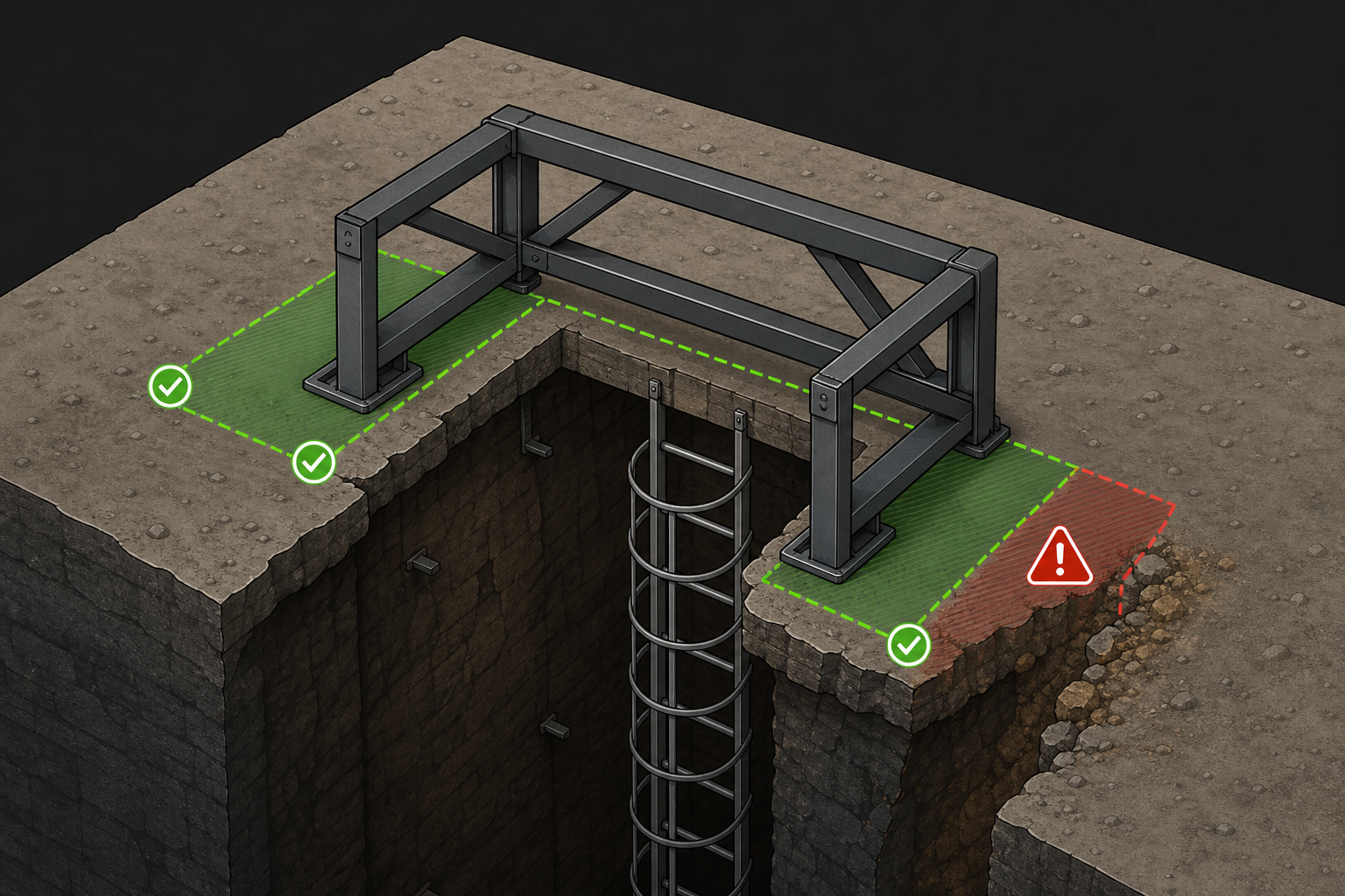 Original technical diagram of a lift-head frame supported across stable ground beside a weak excavation edge