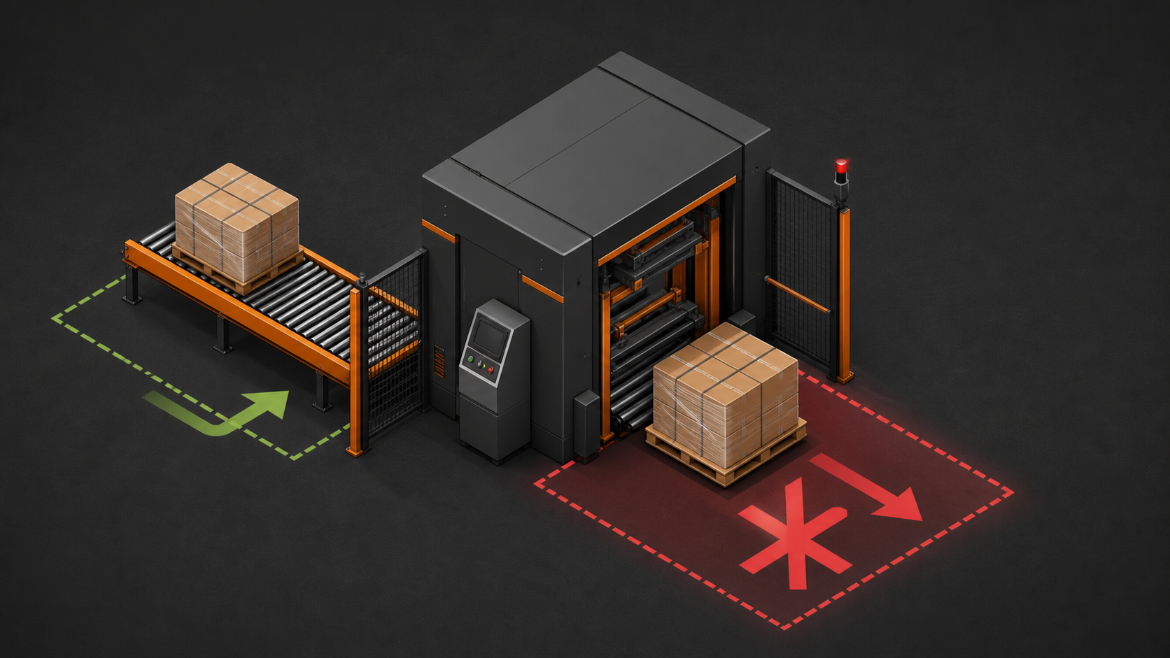 Original isometric troubleshooting diagram showing a pallet blocking a packing-machine output clearance zone