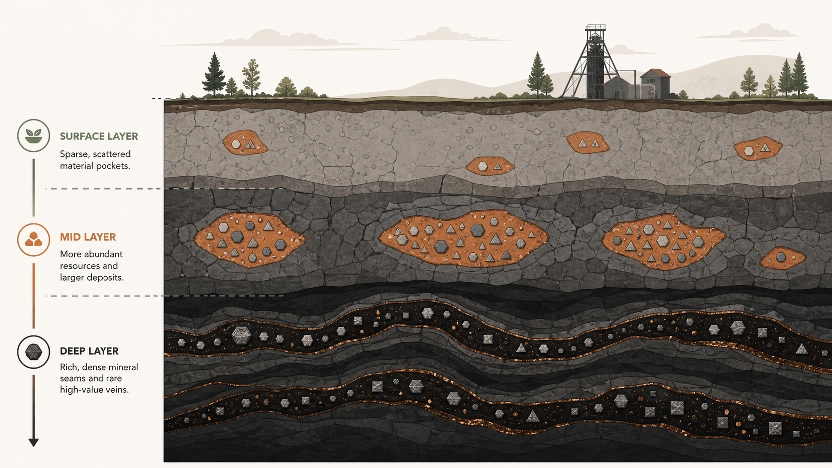 Original cutaway field-guide diagram showing sparse surface pockets, richer middle deposits, and deep mineral seams