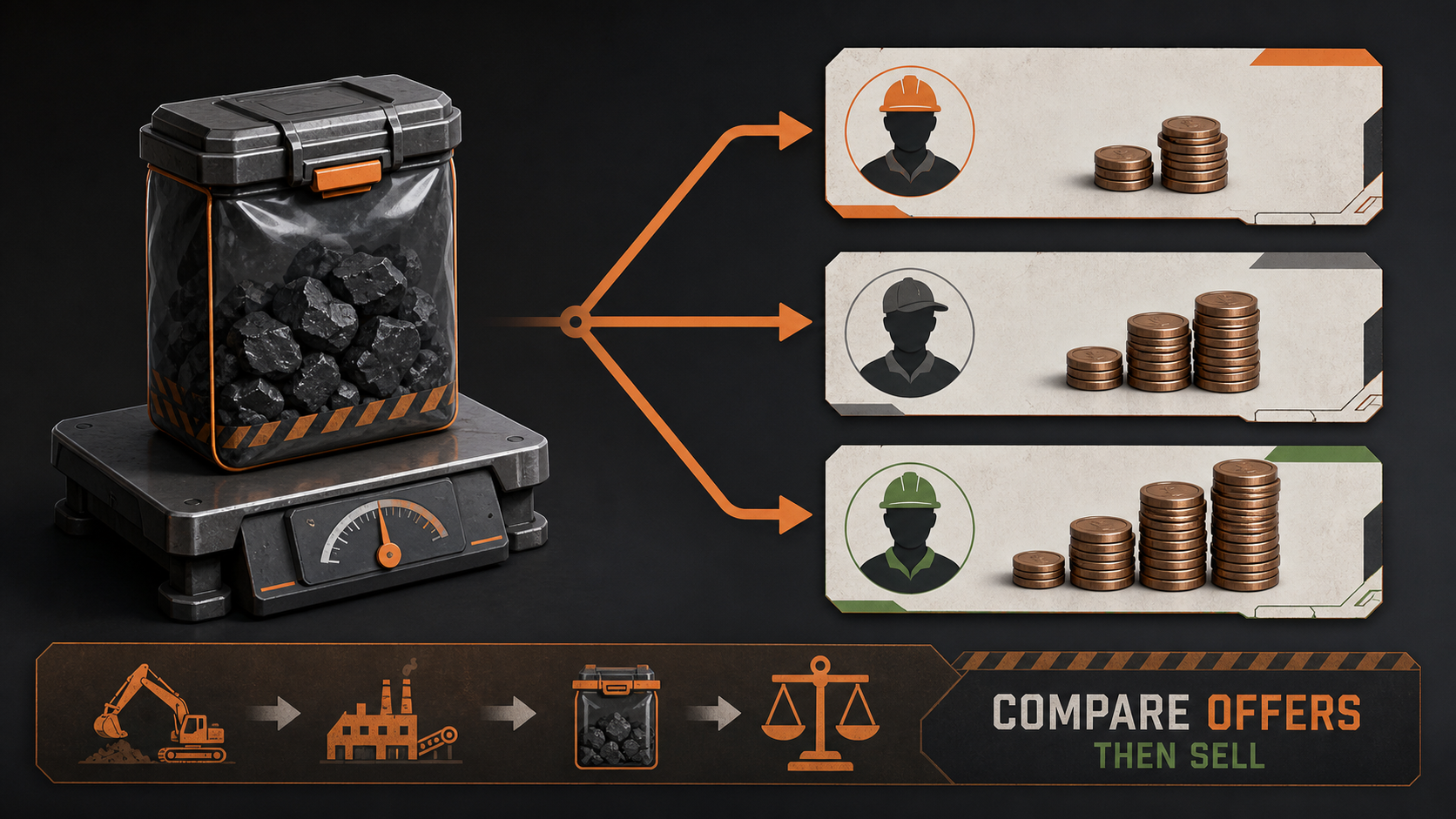 Original field-guide illustration comparing several buyer offers for one processed product